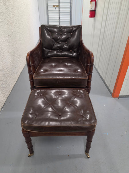 VANGUARD FURNITURE CRAFTWORK PORTOBELLO COGNAC PB WALNUT FAUX BAMBOO DOUBLE CANE PROTECTED ANILINE LEATHER BUTTON TUFTED O/S ACCENT/ LOUNGE/ SHERATON/ REGENGY CHAIR W/OTTOMAN ON BRASS CASTORS 🗣
