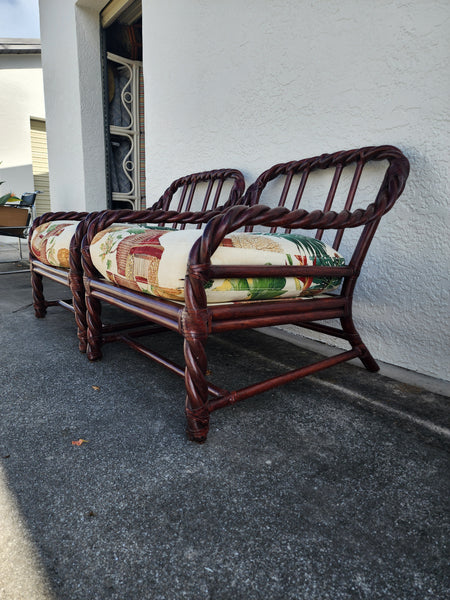 VINTAGE McGUIRE TWISTED/ BRAIDED/ BENT RATTAN ACCENT CHAIRS ~ O/S CHAIRS W/ RAWHIDE LEATHER WRAPS AND DOWN FILLED CUSHIONS/ PILLOWS (2)