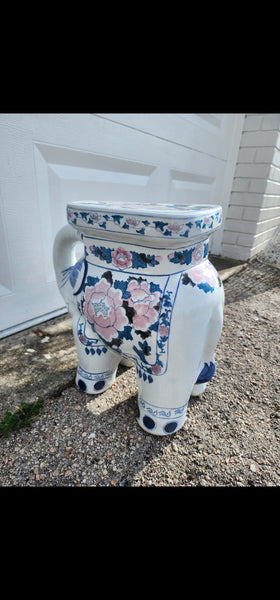 VINTAGE BLUE💙 n WHITE🤍 n PINK🩷 CERAMIC ELEPHANT🐘 trunx up PLANT STAND/ ACCENT TABLE ~ MISC