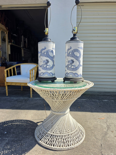 VINTAGE BLUE & WHITE CERAMIC CHINOISERIE DRAGON LAMPS (2)