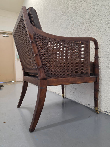 VANGUARD FURNITURE CRAFTWORK PORTOBELLO COGNAC PB WALNUT FAUX BAMBOO DOUBLE CANE PROTECTED ANILINE LEATHER BUTTON TUFTED O/S ACCENT/ LOUNGE/ SHERATON/ REGENGY CHAIR W/OTTOMAN ON BRASS CASTORS 🗣