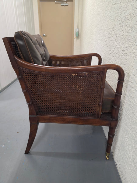 VANGUARD FURNITURE CRAFTWORK PORTOBELLO COGNAC PB WALNUT FAUX BAMBOO DOUBLE CANE PROTECTED ANILINE LEATHER BUTTON TUFTED O/S ACCENT/ LOUNGE/ SHERATON/ REGENGY CHAIR W/OTTOMAN ON BRASS CASTORS 🗣