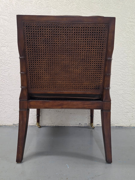 VANGUARD FURNITURE CRAFTWORK PORTOBELLO COGNAC PB WALNUT FAUX BAMBOO DOUBLE CANE PROTECTED ANILINE LEATHER BUTTON TUFTED O/S ACCENT/ LOUNGE/ SHERATON/ REGENGY CHAIR W/OTTOMAN ON BRASS CASTORS 🗣