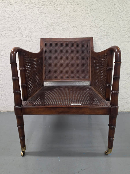 VANGUARD FURNITURE CRAFTWORK PORTOBELLO COGNAC PB WALNUT FAUX BAMBOO DOUBLE CANE PROTECTED ANILINE LEATHER BUTTON TUFTED O/S ACCENT/ LOUNGE/ SHERATON/ REGENGY CHAIR W/OTTOMAN ON BRASS CASTORS 🗣