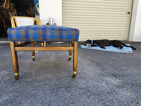 VINTAGE MID CENTURY MODERN WALNUT/ BRASS/ UPHOLSTERED STOOL/ OTTOMAN/ BENCH ON CASTORS