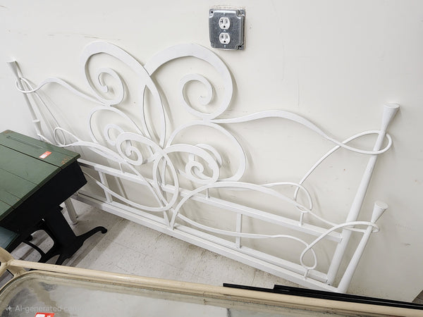 VINTAGE WHITE METAL/ IRON CURVED/ BENT  WHIMSICAL HEADBOARD AND  FOOTBOARD