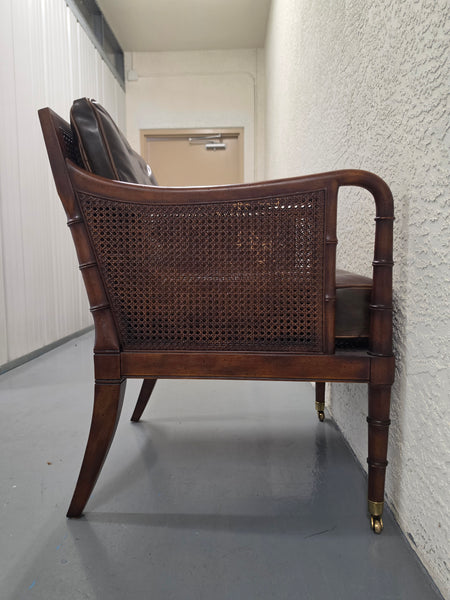 VANGUARD FURNITURE CRAFTWORK PORTOBELLO COGNAC PB WALNUT FAUX BAMBOO DOUBLE CANE PROTECTED ANILINE LEATHER BUTTON TUFTED O/S ACCENT/ LOUNGE/ SHERATON/ REGENGY CHAIR W/OTTOMAN ON BRASS CASTORS 🗣