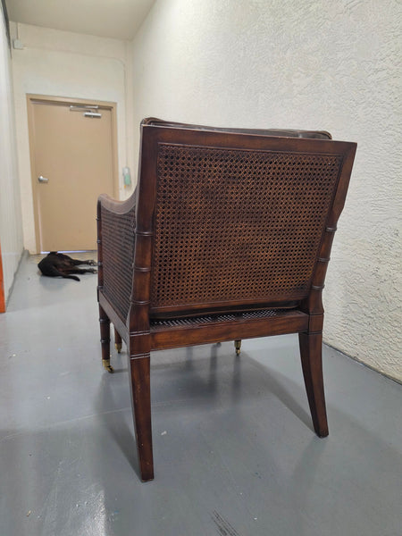VANGUARD FURNITURE CRAFTWORK PORTOBELLO COGNAC PB WALNUT FAUX BAMBOO DOUBLE CANE PROTECTED ANILINE LEATHER BUTTON TUFTED O/S ACCENT/ LOUNGE/ SHERATON/ REGENGY CHAIR W/OTTOMAN ON BRASS CASTORS 🗣