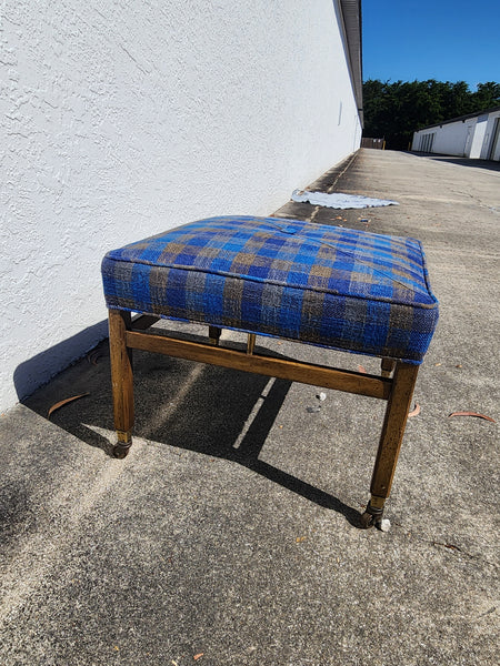 VINTAGE MID CENTURY MODERN WALNUT/ BRASS/ UPHOLSTERED STOOL/ OTTOMAN/ BENCH ON CASTORS