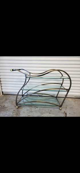 VINTAGE MID CENTURY MODERN HOLLYWOOD REGENCY DIA/ MILO BAUGHMAN SCULPTURAL METAL BRUSHED BRASS N GLASS SERVING/ TEA/ BAR CART ON CASTORS