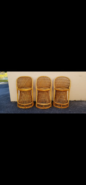 VINTAGE WICKER RATTAN BAMBOO 🎋 BOHO EMMANUELLE  SUNBURST COUNTER BARSTOOLS (3)