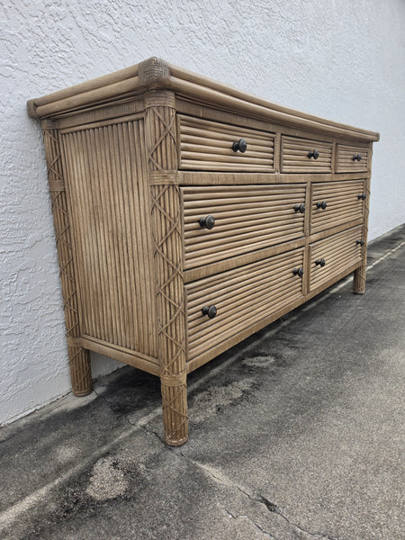 VINTAGE WHITECRAFT RATTAN DOUBLE DRESSER W/LEATHER WRAPS