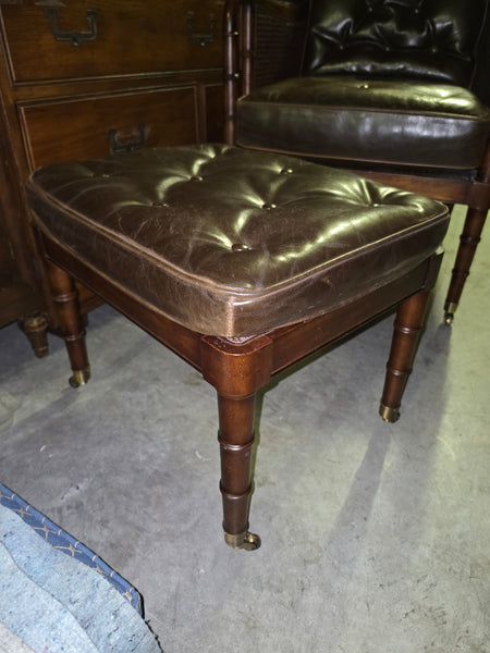 VANGUARD FURNITURE CRAFTWORK PORTOBELLO COGNAC PB WALNUT FAUX BAMBOO DOUBLE CANE PROTECTED ANILINE LEATHER BUTTON TUFTED O/S ACCENT/ LOUNGE/ SHERATON/ REGENGY CHAIR W/OTTOMAN ON BRASS CASTORS 🗣