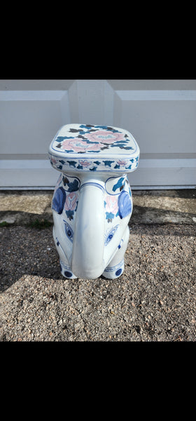 VINTAGE BLUE💙 n WHITE🤍 n PINK🩷 CERAMIC ELEPHANT🐘 trunx up PLANT STAND/ ACCENT TABLE ~ MISC