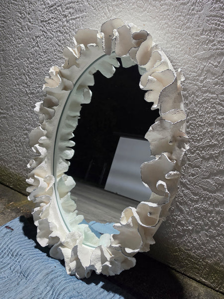 MADE GOODS WHITE FAUX CORAL 🪸 & SILVER TRIMMED COCO MIRROR