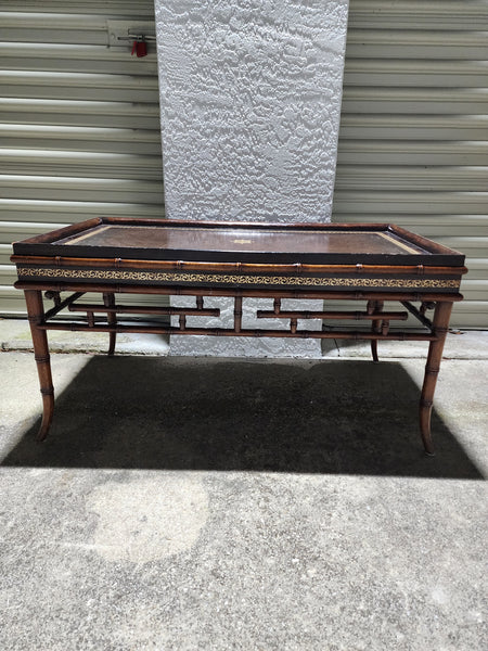 VINTAGE RECTANGULAR FAUX BAMBOO CHIPPENDALE LEATHER TOP TAPERED LEGS COCKTAIL COFFEE TABLE