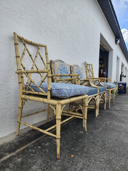 WOODBRIDGE FAUX BAMBOO/ CANE CHIPPENDALE DINING CHAIRS W/DA FRETWORK W/CUSHIONS (6 AVAILABLE)