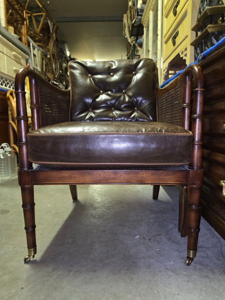 VANGUARD FURNITURE CRAFTWORK PORTOBELLO COGNAC PB WALNUT FAUX BAMBOO DOUBLE CANE PROTECTED ANILINE LEATHER BUTTON TUFTED O/S ACCENT/ LOUNGE/ SHERATON/ REGENGY CHAIR W/OTTOMAN ON BRASS CASTORS 🗣