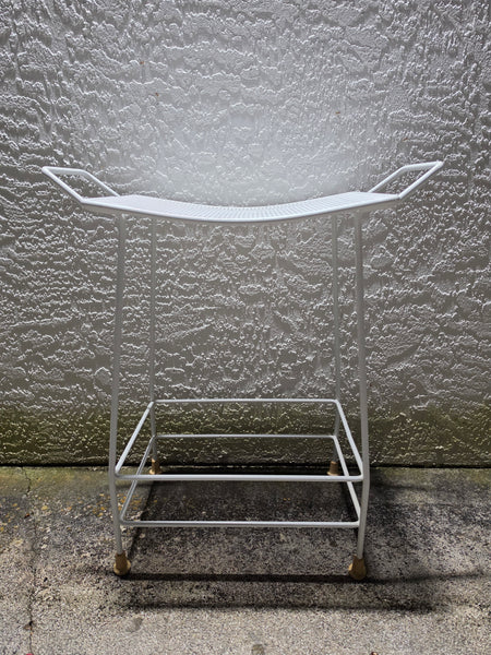 VINTAGE MID CENTURY MODERN SALTERINI METAL/ IRON STOOL/ BENCH/ SHOWER CHAIR/ ACCENT TABLE W/MESH SEAT/ HANDLES/ RUBBER CLAD SHOES ~ MISC