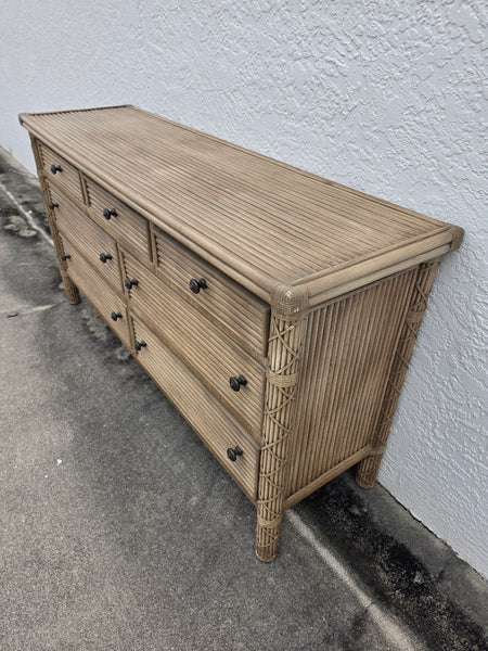 VINTAGE WHITECRAFT RATTAN DOUBLE DRESSER W/LEATHER WRAPS