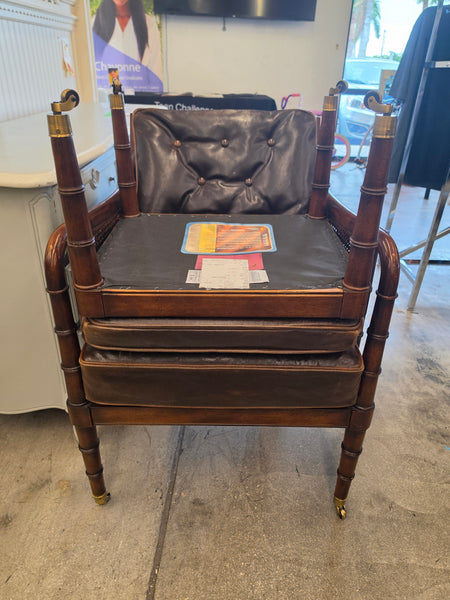 VANGUARD FURNITURE CRAFTWORK PORTOBELLO COGNAC PB WALNUT FAUX BAMBOO DOUBLE CANE PROTECTED ANILINE LEATHER BUTTON TUFTED O/S ACCENT/ LOUNGE/ SHERATON/ REGENGY CHAIR W/OTTOMAN ON BRASS CASTORS 🗣