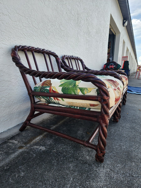 VINTAGE McGUIRE TWISTED/ BRAIDED/ BENT RATTAN ACCENT CHAIRS ~ O/S CHAIRS W/ RAWHIDE LEATHER WRAPS AND DOWN FILLED CUSHIONS/ PILLOWS (2)