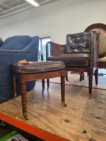 VANGUARD FURNITURE CRAFTWORK PORTOBELLO COGNAC PB WALNUT FAUX BAMBOO DOUBLE CANE PROTECTED ANILINE LEATHER BUTTON TUFTED O/S ACCENT/ LOUNGE/ SHERATON/ REGENGY CHAIR W/OTTOMAN ON BRASS CASTORS 🗣