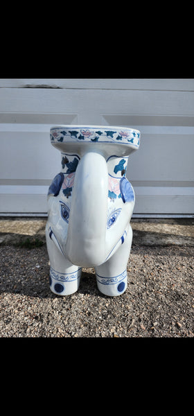 VINTAGE BLUE💙 n WHITE🤍 n PINK🩷 CERAMIC ELEPHANT🐘 trunx up PLANT STAND/ ACCENT TABLE ~ MISC