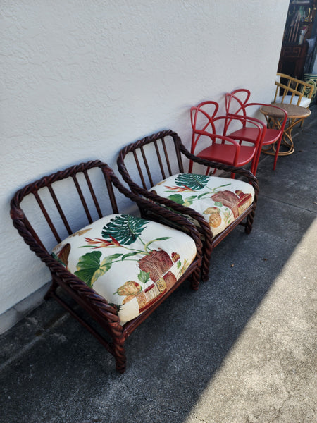 VINTAGE McGUIRE TWISTED/ BRAIDED/ BENT RATTAN ACCENT CHAIRS ~ O/S CHAIRS W/ RAWHIDE LEATHER WRAPS AND DOWN FILLED CUSHIONS/ PILLOWS (2)