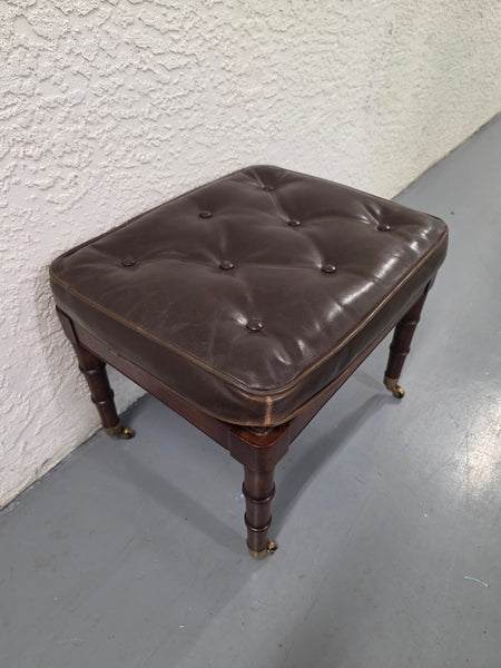 VANGUARD FURNITURE CRAFTWORK PORTOBELLO COGNAC PB WALNUT FAUX BAMBOO DOUBLE CANE PROTECTED ANILINE LEATHER BUTTON TUFTED O/S ACCENT/ LOUNGE/ SHERATON/ REGENGY CHAIR W/OTTOMAN ON BRASS CASTORS 🗣