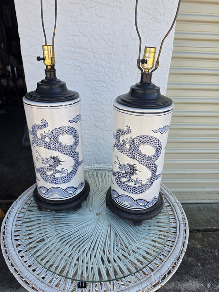 VINTAGE BLUE & WHITE CERAMIC CHINOISERIE DRAGON LAMPS (2)