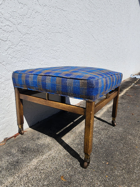 VINTAGE MID CENTURY MODERN WALNUT/ BRASS/ UPHOLSTERED STOOL/ OTTOMAN/ BENCH ON CASTORS