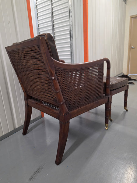 VANGUARD FURNITURE CRAFTWORK PORTOBELLO COGNAC PB WALNUT FAUX BAMBOO DOUBLE CANE PROTECTED ANILINE LEATHER BUTTON TUFTED O/S ACCENT/ LOUNGE/ SHERATON/ REGENGY CHAIR W/OTTOMAN ON BRASS CASTORS 🗣