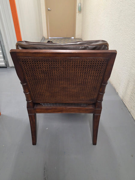 VANGUARD FURNITURE CRAFTWORK PORTOBELLO COGNAC PB WALNUT FAUX BAMBOO DOUBLE CANE PROTECTED ANILINE LEATHER BUTTON TUFTED O/S ACCENT/ LOUNGE/ SHERATON/ REGENGY CHAIR W/OTTOMAN ON BRASS CASTORS 🗣