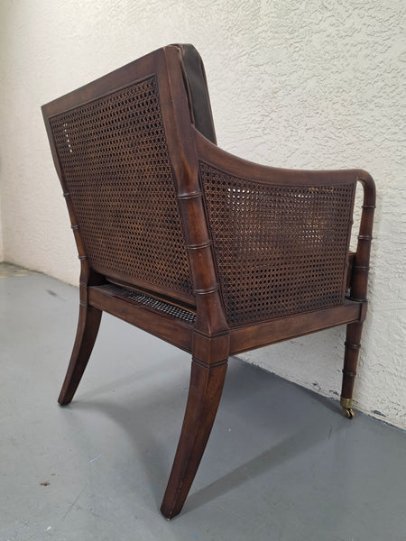 VANGUARD FURNITURE CRAFTWORK PORTOBELLO COGNAC PB WALNUT FAUX BAMBOO DOUBLE CANE PROTECTED ANILINE LEATHER BUTTON TUFTED O/S ACCENT/ LOUNGE/ SHERATON/ REGENGY CHAIR W/OTTOMAN ON BRASS CASTORS 🗣