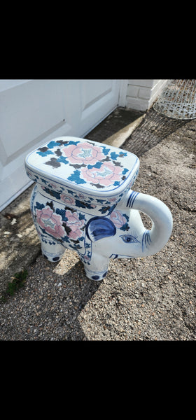 VINTAGE BLUE💙 n WHITE🤍 n PINK🩷 CERAMIC ELEPHANT🐘 trunx up PLANT STAND/ ACCENT TABLE ~ MISC