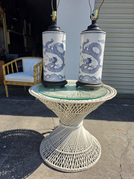 VINTAGE BLUE & WHITE CERAMIC CHINOISERIE DRAGON LAMPS (2)