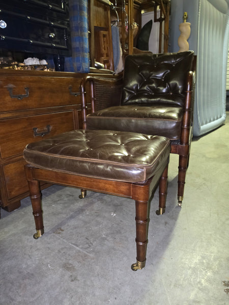 VANGUARD FURNITURE CRAFTWORK PORTOBELLO COGNAC PB WALNUT FAUX BAMBOO DOUBLE CANE PROTECTED ANILINE LEATHER BUTTON TUFTED O/S ACCENT/ LOUNGE/ SHERATON/ REGENGY CHAIR W/OTTOMAN ON BRASS CASTORS 🗣