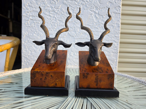 VINTAGE MID CENTURY MODERN BRASS ~ BRONZE BURLWOOD  ANTELOPE/ GAZELLE/ IBEX 🦌🦄 BOOKENDS (2) ~ MISC