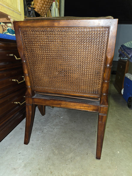 VANGUARD FURNITURE CRAFTWORK PORTOBELLO COGNAC PB WALNUT FAUX BAMBOO DOUBLE CANE PROTECTED ANILINE LEATHER BUTTON TUFTED O/S ACCENT/ LOUNGE/ SHERATON/ REGENGY CHAIR W/OTTOMAN ON BRASS CASTORS 🗣