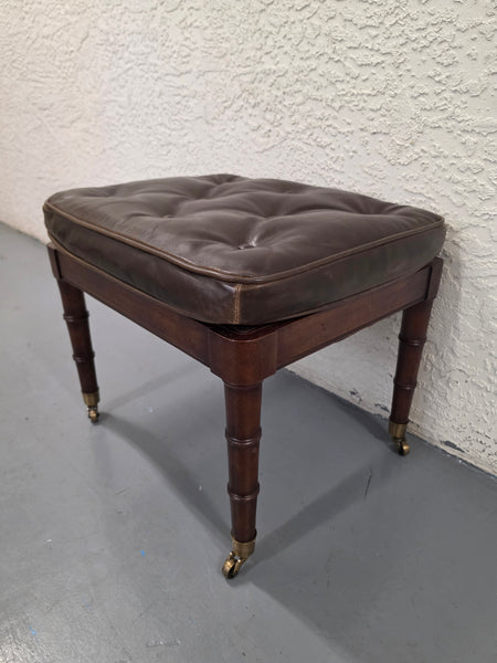 VANGUARD FURNITURE CRAFTWORK PORTOBELLO COGNAC PB WALNUT FAUX BAMBOO DOUBLE CANE PROTECTED ANILINE LEATHER BUTTON TUFTED O/S ACCENT/ LOUNGE/ SHERATON/ REGENGY CHAIR W/OTTOMAN ON BRASS CASTORS 🗣