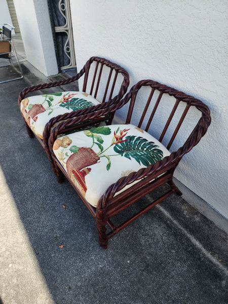 VINTAGE McGUIRE TWISTED/ BRAIDED/ BENT RATTAN ACCENT CHAIRS ~ O/S CHAIRS W/ RAWHIDE LEATHER WRAPS AND DOWN FILLED CUSHIONS/ PILLOWS (2)