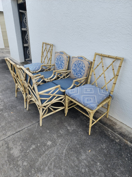 WOODBRIDGE FAUX BAMBOO/ CANE CHIPPENDALE DINING CHAIRS W/DA FRETWORK W/CUSHIONS (6 AVAILABLE)