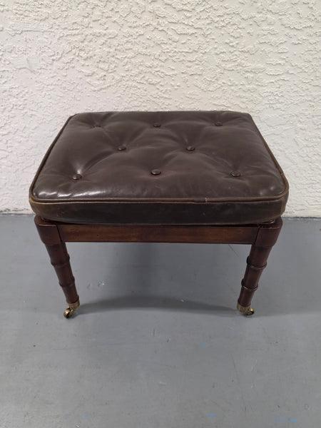 VANGUARD FURNITURE CRAFTWORK PORTOBELLO COGNAC PB WALNUT FAUX BAMBOO DOUBLE CANE PROTECTED ANILINE LEATHER BUTTON TUFTED O/S ACCENT/ LOUNGE/ SHERATON/ REGENGY CHAIR W/OTTOMAN ON BRASS CASTORS 🗣