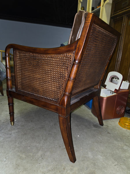 VANGUARD FURNITURE CRAFTWORK PORTOBELLO COGNAC PB WALNUT FAUX BAMBOO DOUBLE CANE PROTECTED ANILINE LEATHER BUTTON TUFTED O/S ACCENT/ LOUNGE/ SHERATON/ REGENGY CHAIR W/OTTOMAN ON BRASS CASTORS 🗣