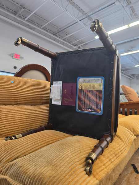 VANGUARD FURNITURE CRAFTWORK PORTOBELLO COGNAC PB WALNUT FAUX BAMBOO DOUBLE CANE PROTECTED ANILINE LEATHER BUTTON TUFTED O/S ACCENT/ LOUNGE/ SHERATON/ REGENGY CHAIR W/OTTOMAN ON BRASS CASTORS 🗣
