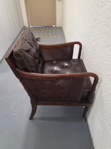 VANGUARD FURNITURE CRAFTWORK PORTOBELLO COGNAC PB WALNUT FAUX BAMBOO DOUBLE CANE PROTECTED ANILINE LEATHER BUTTON TUFTED O/S ACCENT/ LOUNGE/ SHERATON/ REGENGY CHAIR W/OTTOMAN ON BRASS CASTORS 🗣