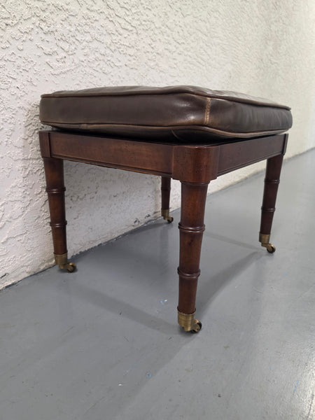 VANGUARD FURNITURE CRAFTWORK PORTOBELLO COGNAC PB WALNUT FAUX BAMBOO DOUBLE CANE PROTECTED ANILINE LEATHER BUTTON TUFTED O/S ACCENT/ LOUNGE/ SHERATON/ REGENGY CHAIR W/OTTOMAN ON BRASS CASTORS 🗣