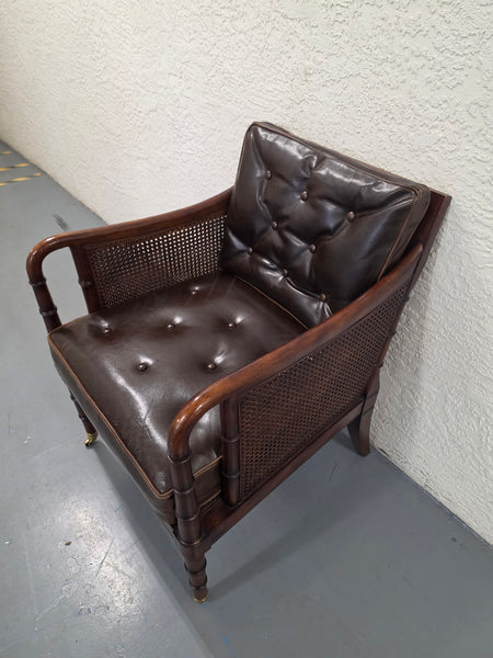 VANGUARD FURNITURE CRAFTWORK PORTOBELLO COGNAC PB WALNUT FAUX BAMBOO DOUBLE CANE PROTECTED ANILINE LEATHER BUTTON TUFTED O/S ACCENT/ LOUNGE/ SHERATON/ REGENGY CHAIR W/OTTOMAN ON BRASS CASTORS 🗣