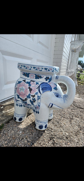 VINTAGE BLUE💙 n WHITE🤍 n PINK🩷 CERAMIC ELEPHANT🐘 trunx up PLANT STAND/ ACCENT TABLE ~ MISC
